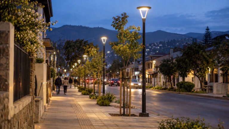 Ilustración referencial de una avenida al atardecer con luminarias encendidas y cielo visible