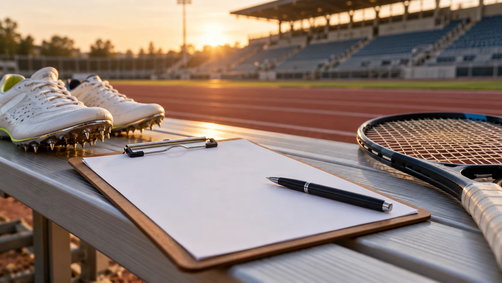 Ilustración de un contrato junto a implementos de atletismo y tenis